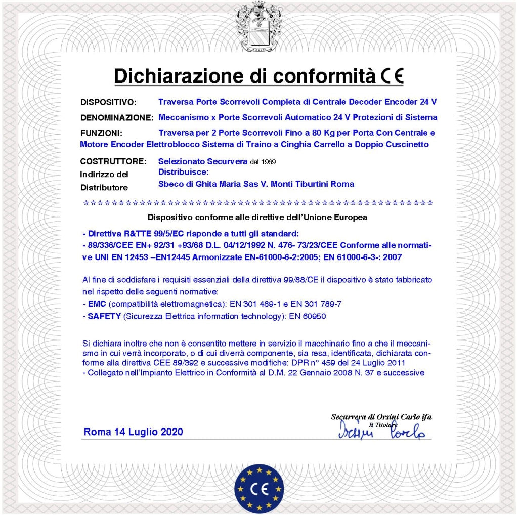 Porte Scorrevoli Esistenti Due da 450 mm Passaggio L 800 mm Kit Base Automatismo Con Trasmissione Tramite Cinghia Cuscinetti Autolubrificanti Controllo Elettronico Automatico Encoder Aliment. 230/24 V