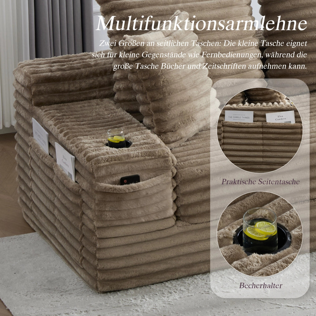 Divano letto modulare in velluto a coste kaki con tasche