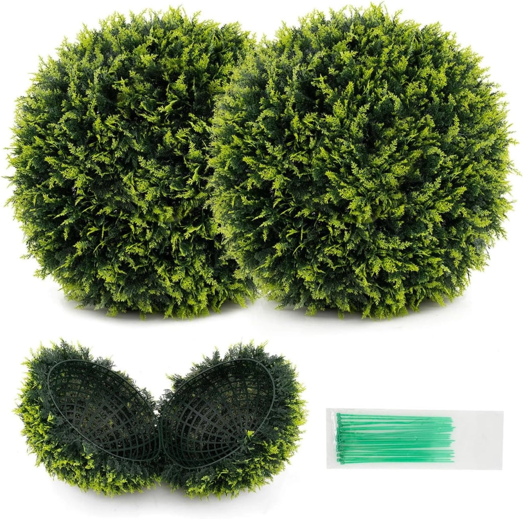 Set di 2 Sfere Topiarie in Cedro 50 cm, Sfere in Buxus con Protezione Solare, Piante Decorative Artificiali per Giardino, Porta d'Ingresso e Balcone