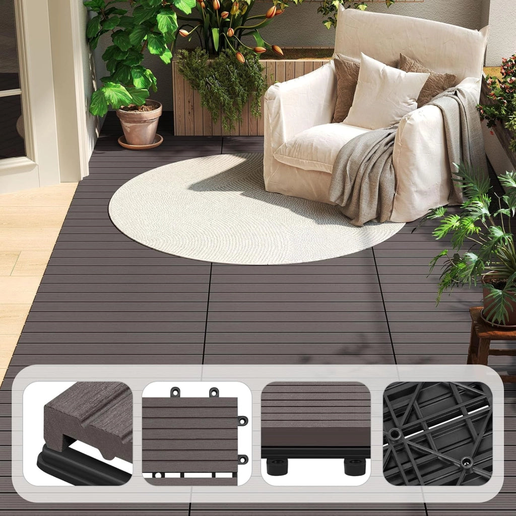 GTF005co Piastrelle per Pavimenti da Esterno Mattonelle Pavimentazione ad Incastro Click-Deck in Legno Composito, con 6 Pannelli da 30x60 cm Caffè