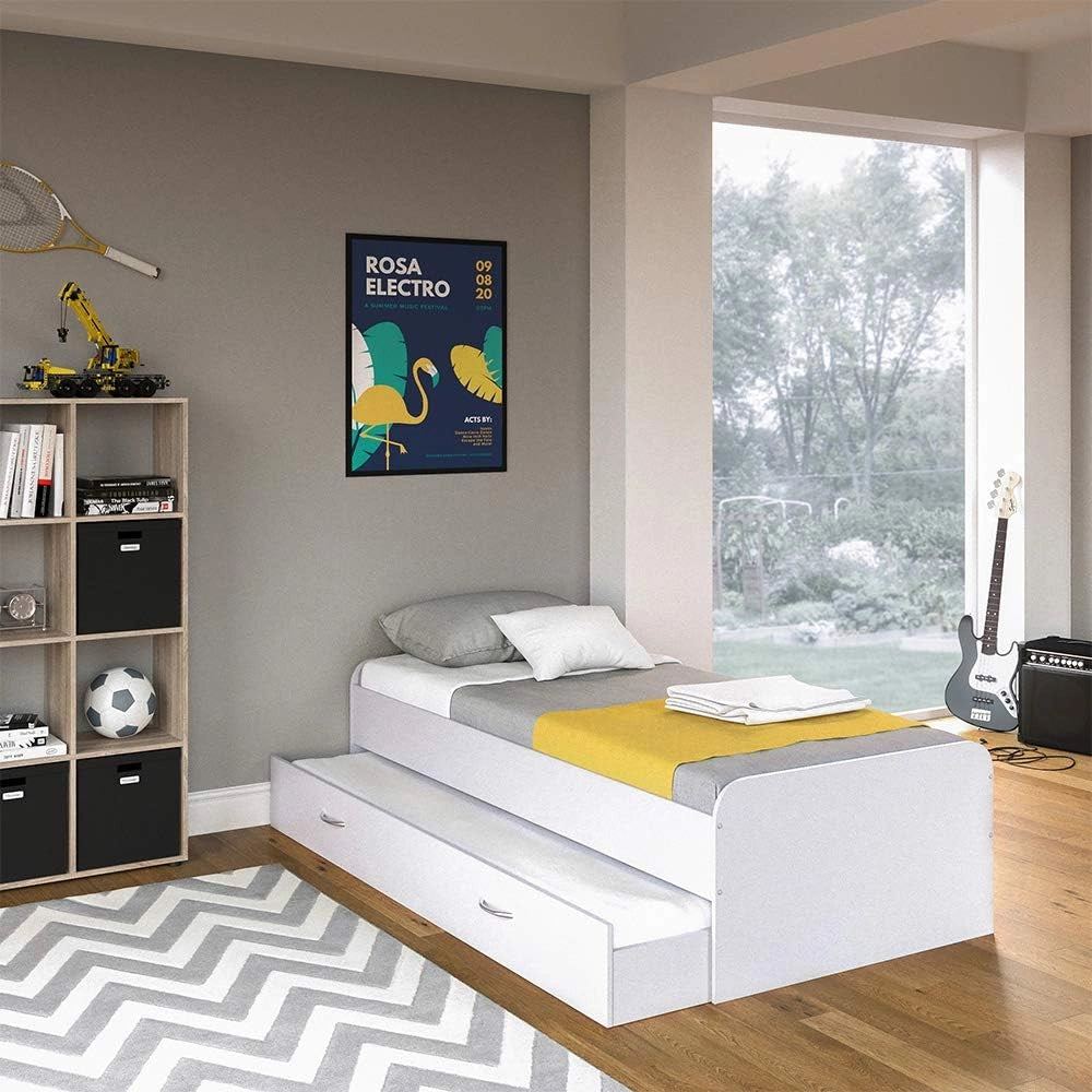 Letto per bambini Enzo, Bianco, 90x200 cm, estendibile su entrambi i lati come letto aggiuntivo per adolescenti