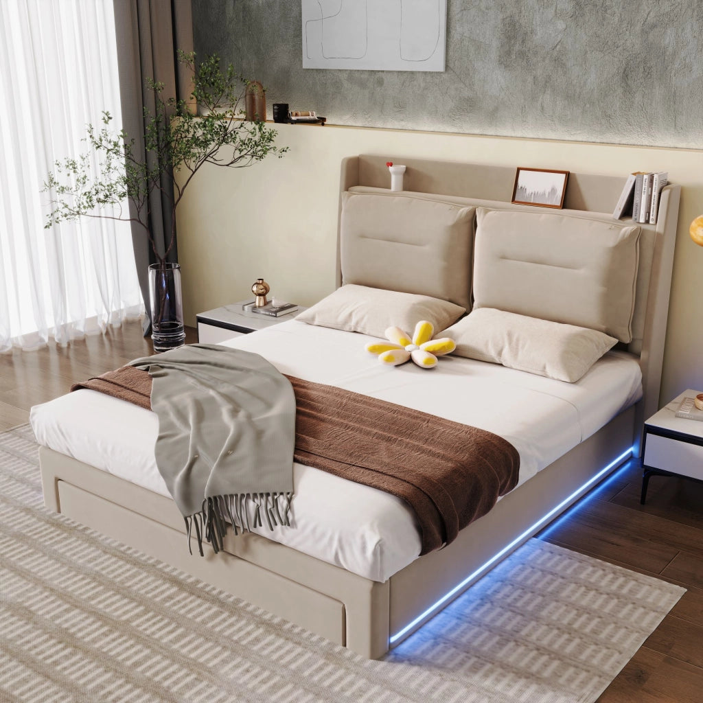 Letto imbottito in velluto beige 180x200cm con sistema idraulico due cassetti alla base strisce laterali LED e struttura a listelli senza materasso