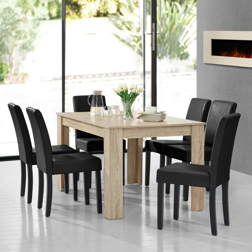 Set Pranzo con Tavolo 140x90 cm e 6 Sedie in Similpelle - Effetto Rovere Chiaro / Nero [en.casa]