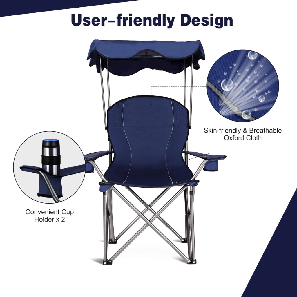 Sedia da campeggio con baldacchino, ombra, sedia da spiaggia e beach chair, pieghevole, con portabevande e borsa, per esterni, fino a 130 kg (blu)