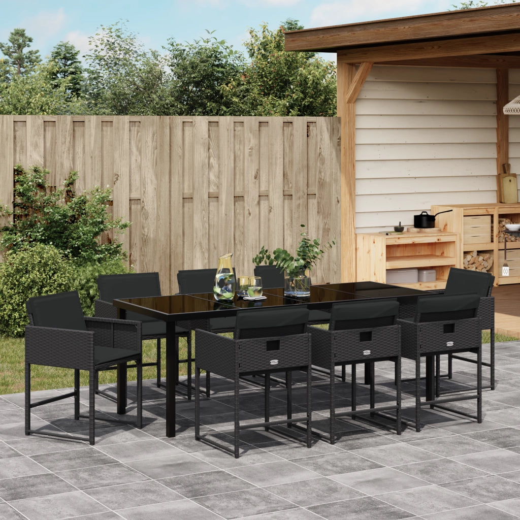 Set da Pranzo da Giardino 9 Pezzi con Cuscini Nero Rattan Polimerico