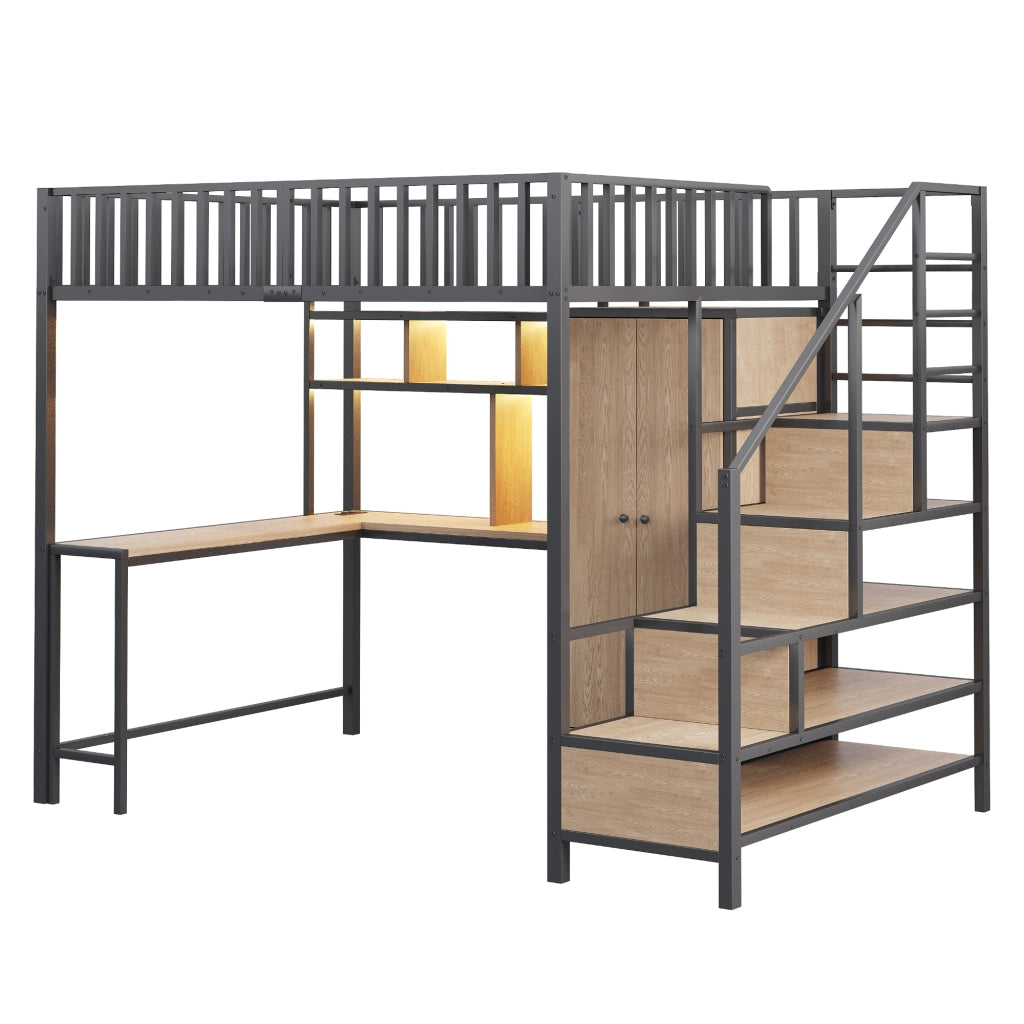 DESMIU Letto a soppalco matrimoniale con scrivania, armadio, cassetti, LED, USB e Type-C 140 × 200 cm senza materasso