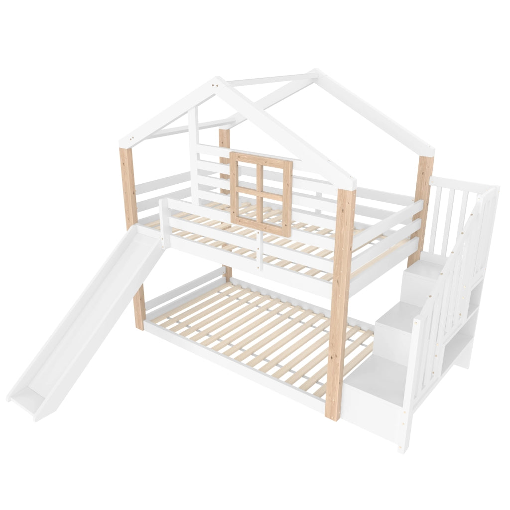 Letto a castello per bambini con scivolo e scala contenitore 90x200 cm; legno bianco