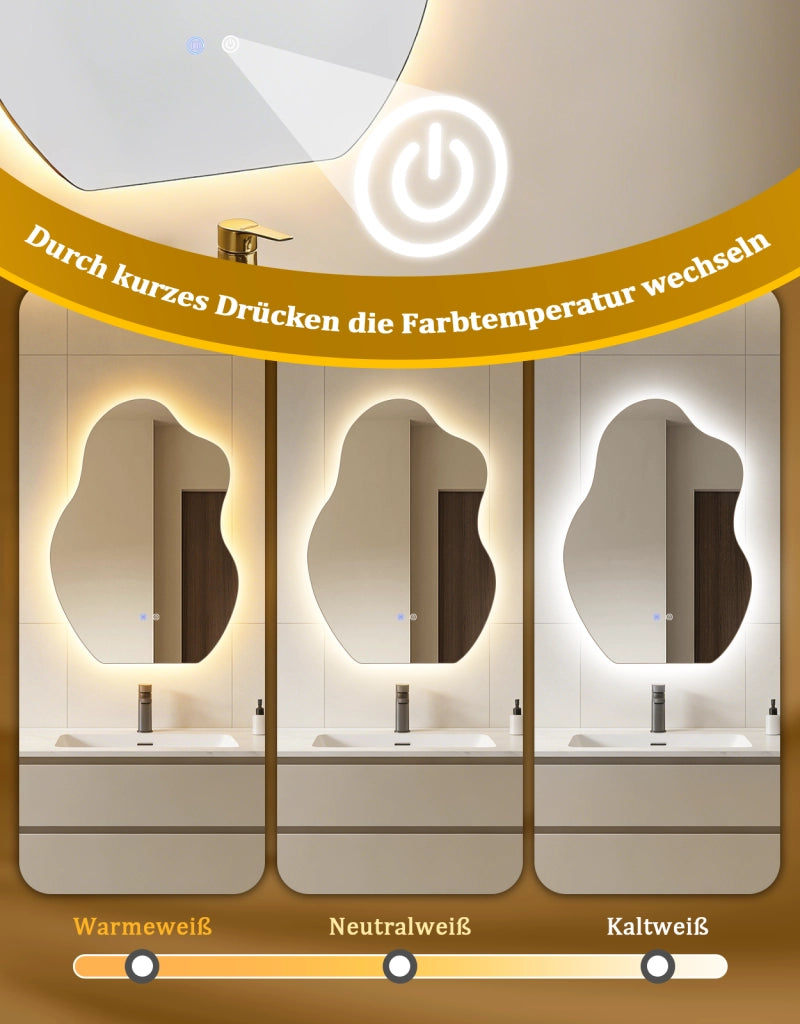ZMH Specchio da bagno LED asimmetrico 50x70 cm IP44 interruttore touch funzione antiappannante dimmerabile 3000K-6500K