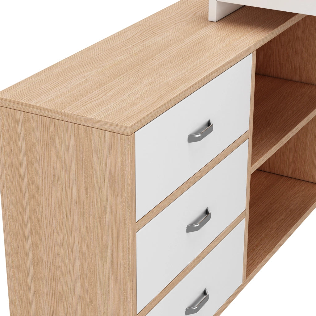 Scrivania moderna con 3 cassetti e 2 vani a giorno, piano in MDF da 18 mm, struttura in metallo, colore naturale e bianco