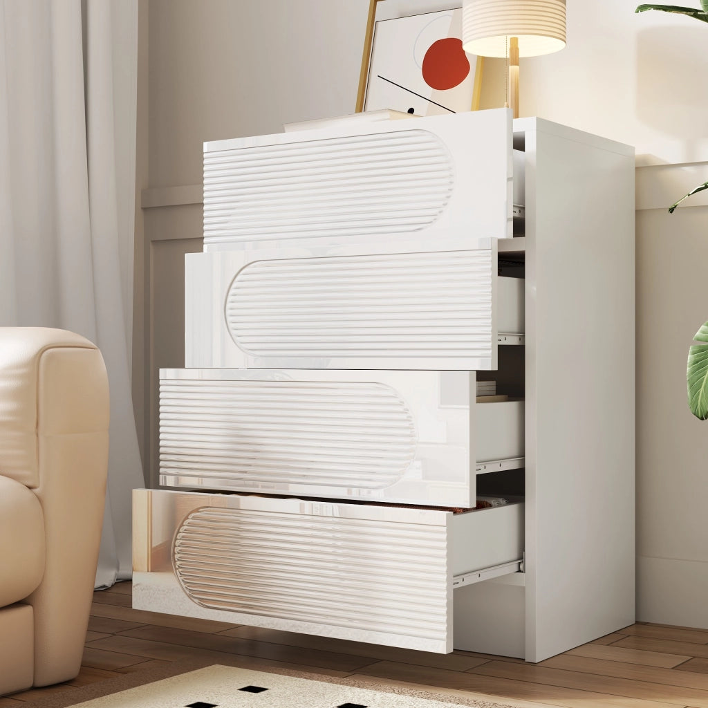 Cassettiera con 4 Cassetti a Estrazione Totale; Frontali Lucidi; Stile Moderno; in MDF e Pannello Truciolare; Bianco; 60??38;5??85 cm