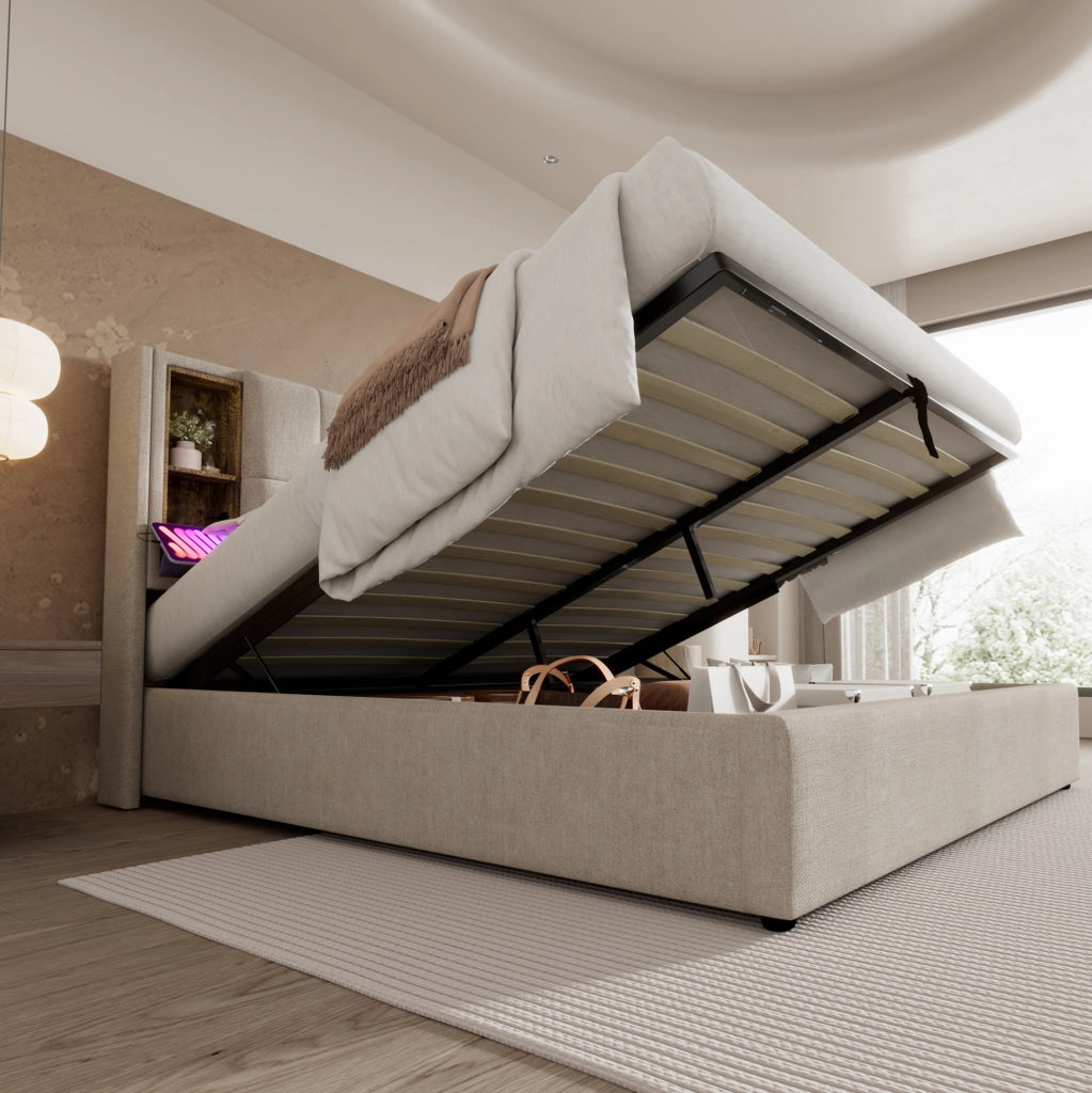 Letto matrimoniale 180x200 cm con ricarica wireless e USB; contenitore; lino; colore naturale (Senza materasso)