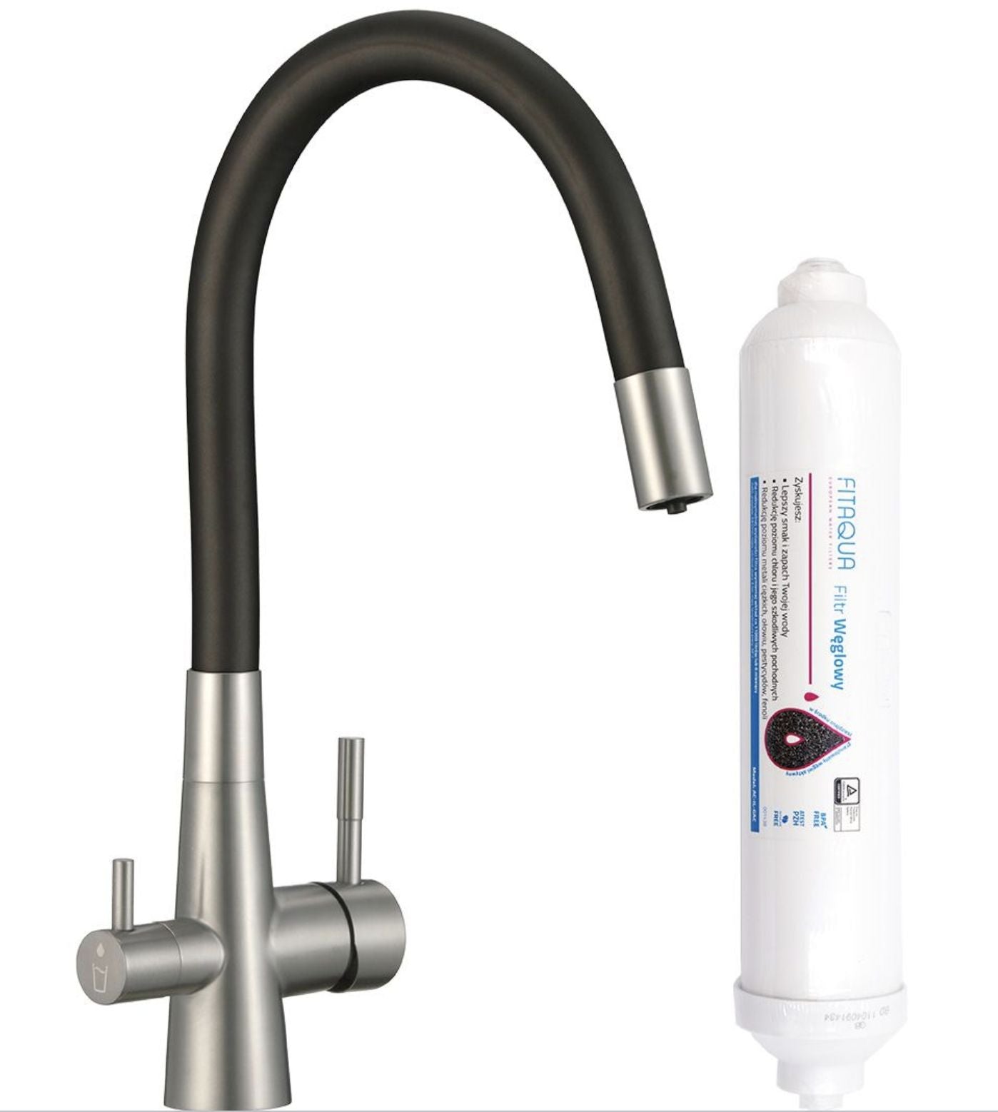 Rubinetto cucina con bocca flessibile e sistema di filtraggio acqua – 2 leve, acciaio spazzolato e design moderno