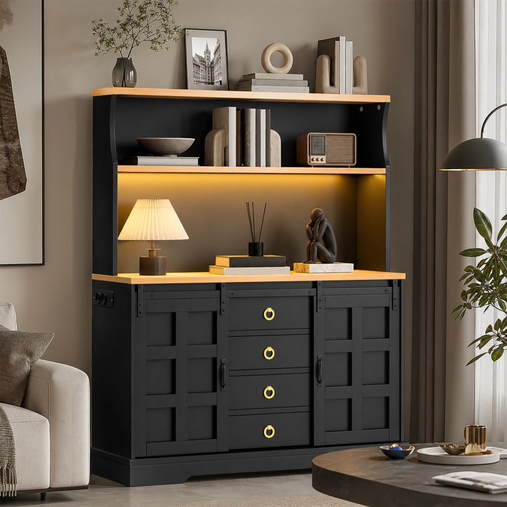 Credenza e madia con 2 ante scorrevoli, 4 cassetti e LED RGB, per cucina e sala da pranzo, nero, 120 × 40 × 150 cm