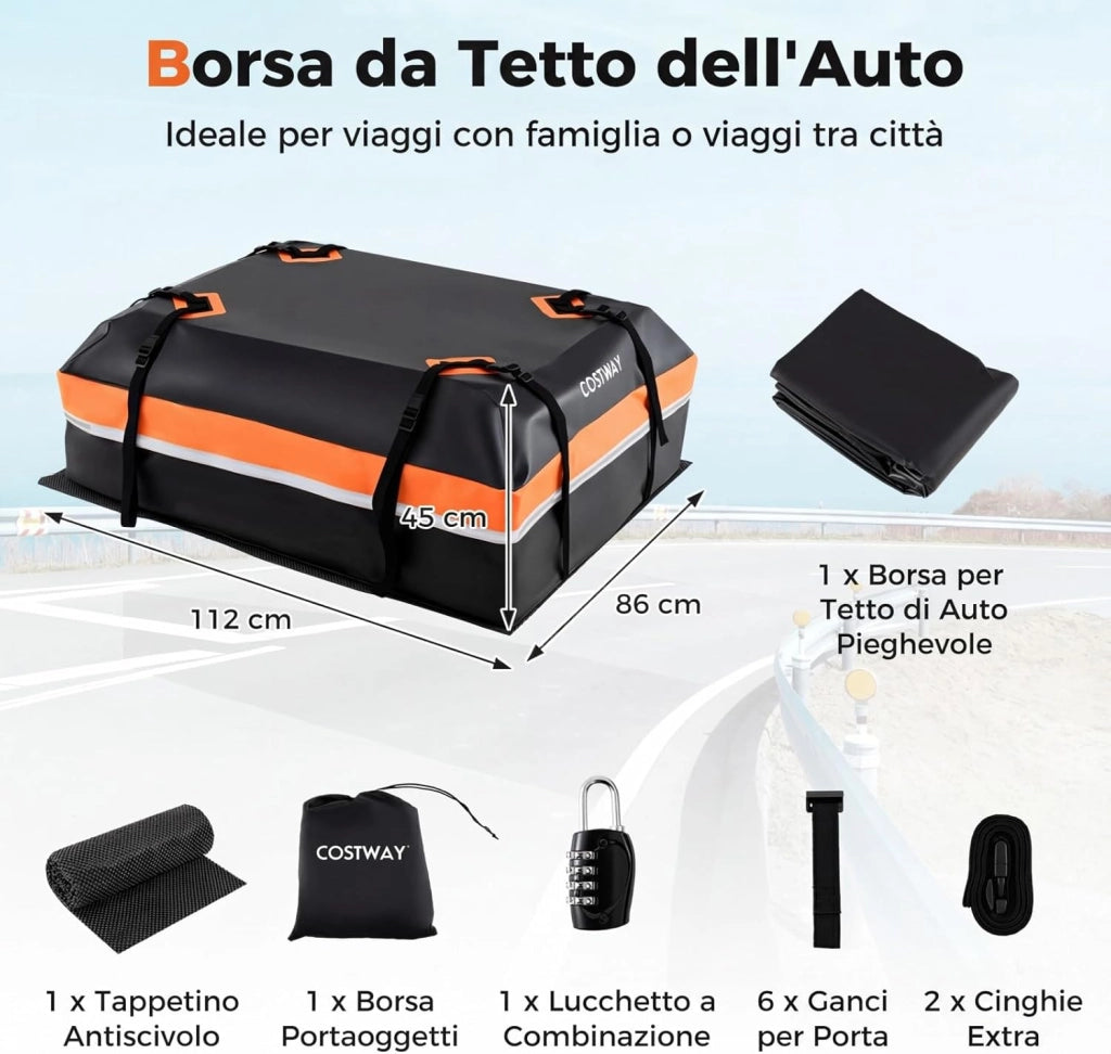 Borsa da Tetto per Auto, Box Portapacchi con Impermeabile e Alta Adattabilità, Baule con Tappetino Antiscivolo, Striscie Riflettenti, Lucchetto e 8 Corde di Fissaggio (450 L,Arancione)