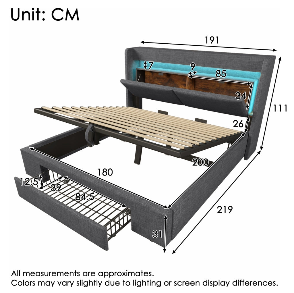 Letto imbottito 180x200 cm con LED, USB e vano contenitore