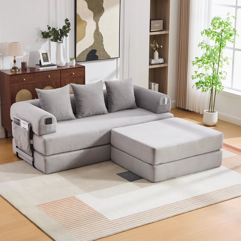 SOFA MODULARE in corduroy 200x190x67 cm Grigio Chiaro con 3 cuscini e poggiapiedi