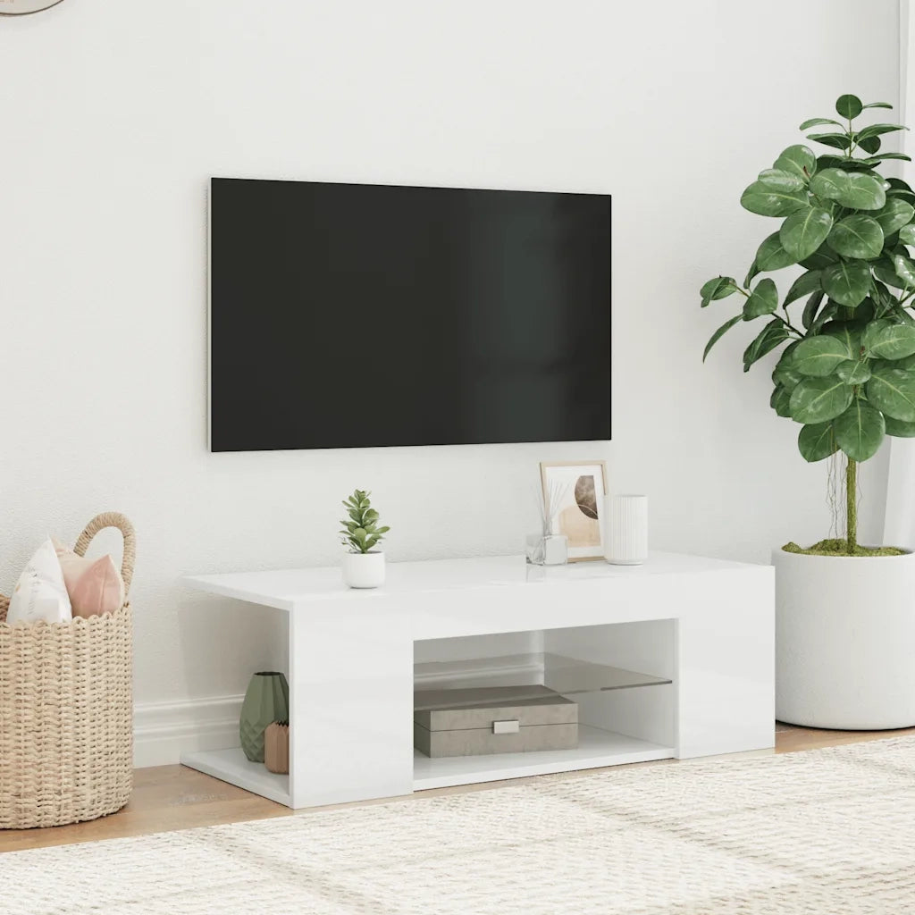 Mobile Porta TV con Luci LED Bianco Lucido 90x39x30 cm
