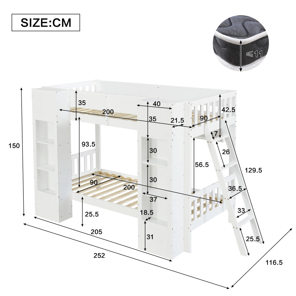 Letto a castello 90 × 200 cm con 2 armadi frontali, ripiano sospeso, scala reversibile, senza materasso, bianco