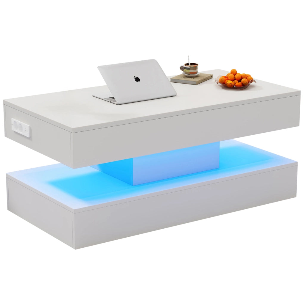 Tavolino da caffè 100x50x42 cm con piano sollevabile; LED e vano nascosto in truciolato bianco