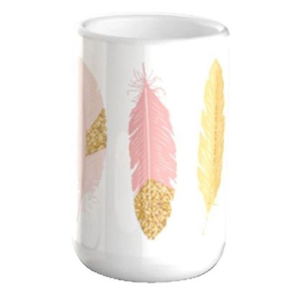 Trade Shop - Bicchiere Portaspazzolino Piume Bianco Accessori Arredo Bagno 6.8x10.8cm 69794 -