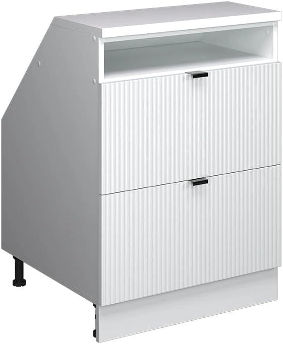 Mobile sottotetto Rion, Ondulazione bianca, 60 x 81.6 cm con 2 cassetti, carcassa 60 cm profondità, adatto per il salvaspazio sotto tetti spioventi