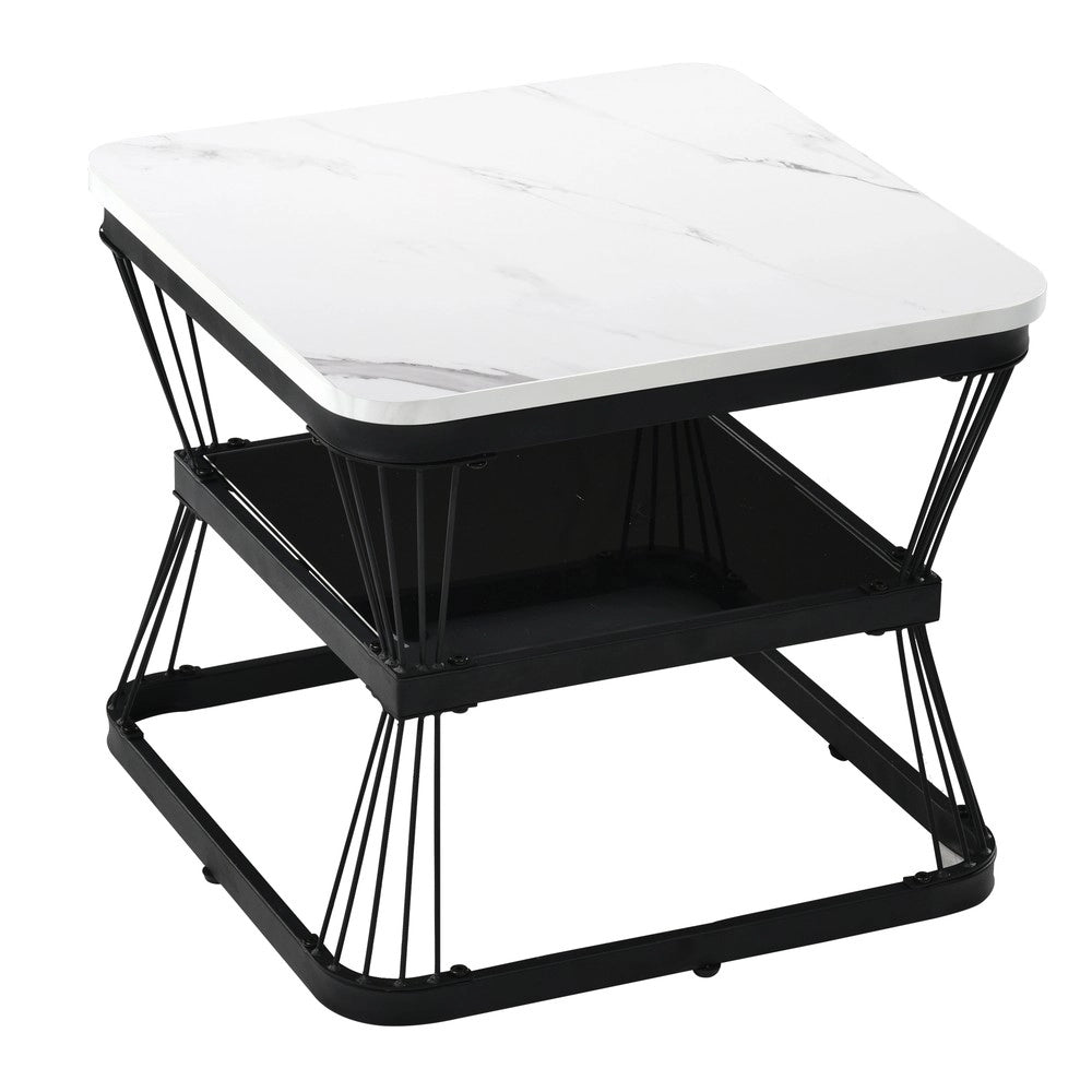 Set 2 Tavolini da Salotto ¨C Xylo ¨C MDF Effetto Marmo, Metallo Bianco Lucido e Nero