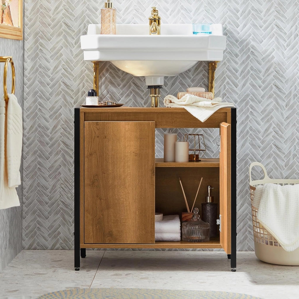 Mobiletto Bagno Salvaspazio - Mobile Sottolavabo per Bagno con 2 Ante e Ripiano, Mobile Sotto Lavabo da Terra con Piedini Regolabili 60x60x30 cm BZR63-PF