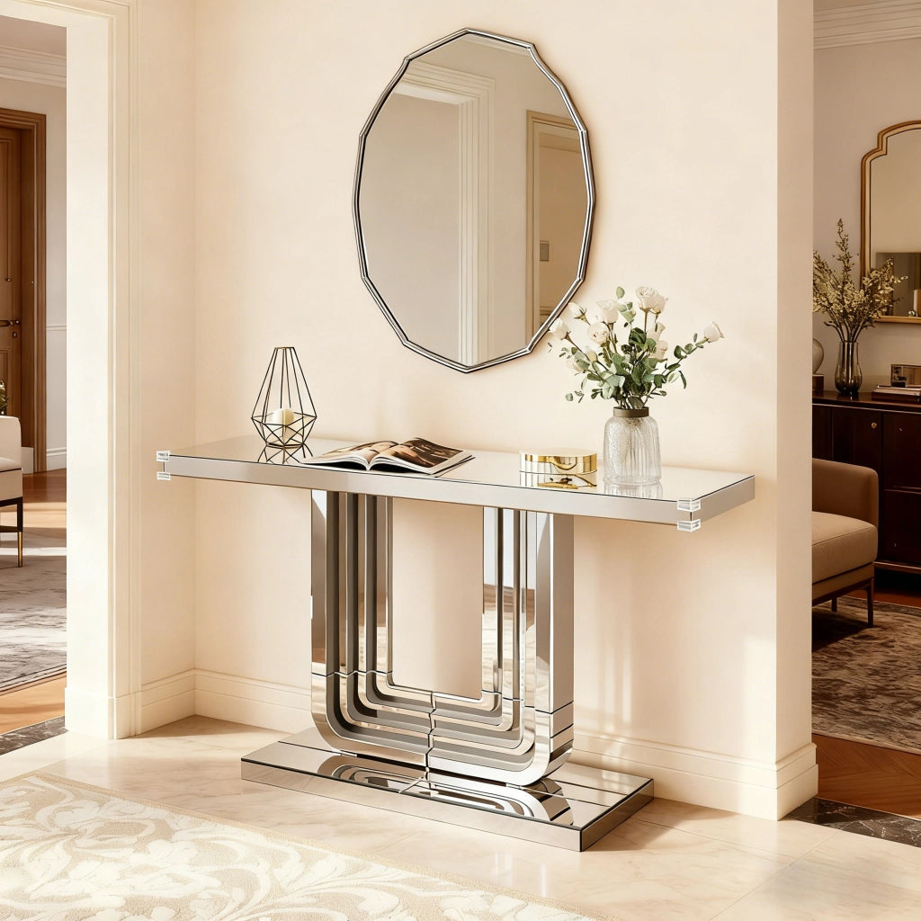 Consolle con base a U e piano a specchio - per ingresso - 135×40×31.5 cm - argento