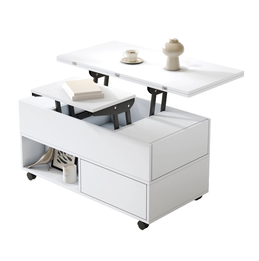 Tavolino da salotto sollevabile e multifunzione 100x50x52 cm; bianco in truciolare