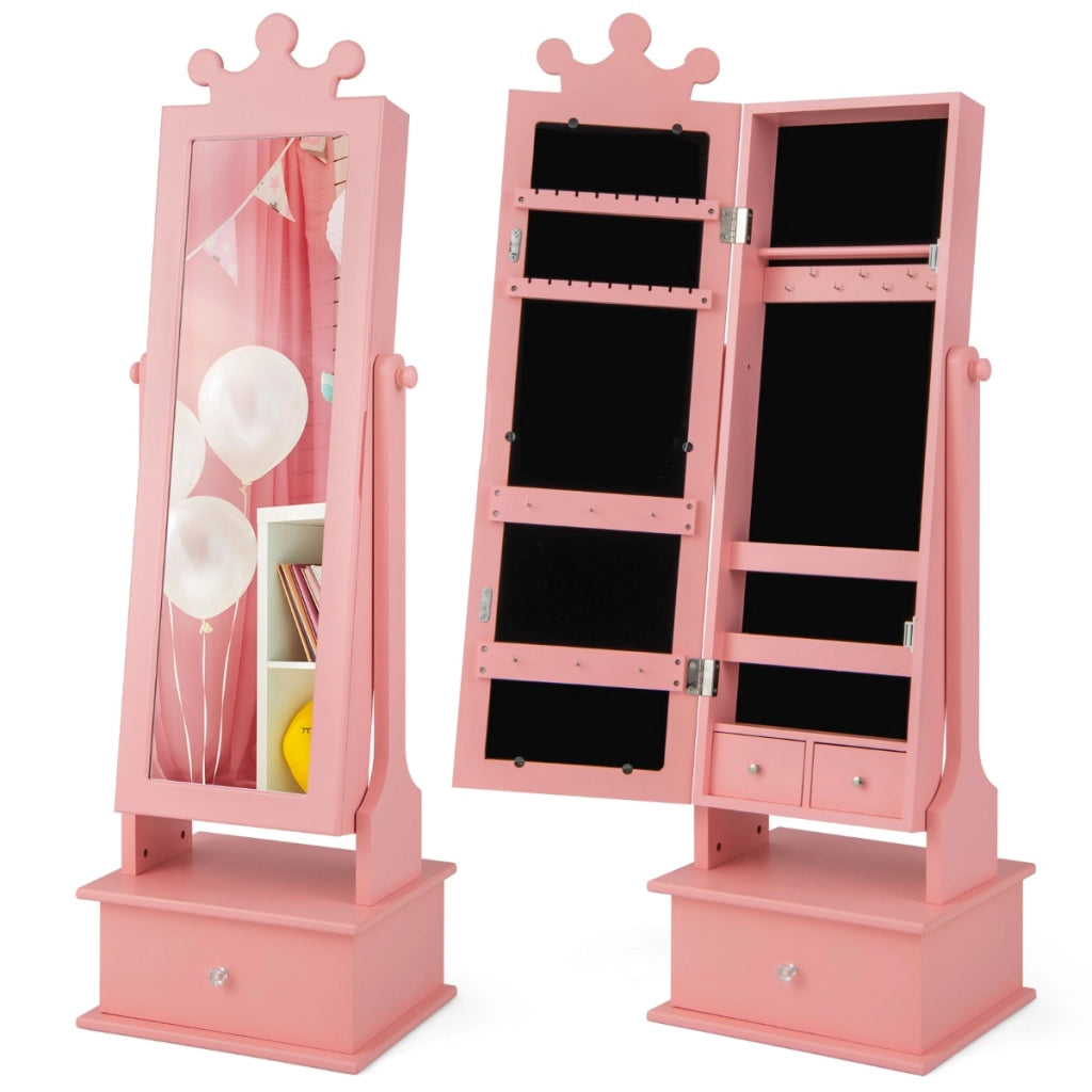 Armadio gioielli per bambini con specchio a tutta lunghezza 3 cassetti angoli regolabili, Specchio da toeletta Rosa-Armadietti per gioielli