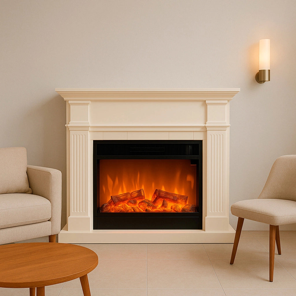 Camino Elettrico da Pavimento 114x28x102 cm Effetto Fiamma 1500W Sined Caldera XXL Bianco