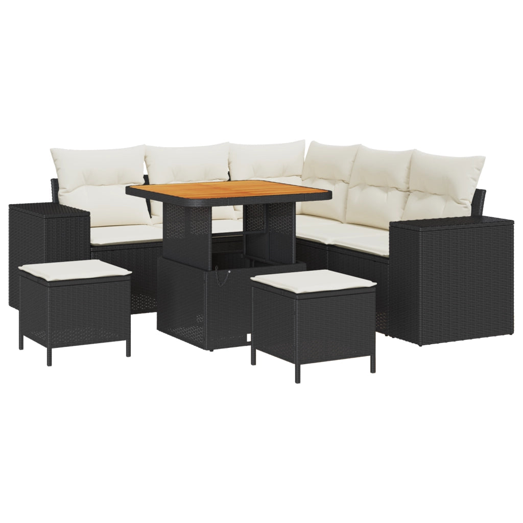 Set Divano da Giardino  8 Pezzi con Cuscini Nero Polyrattan Acacia