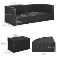 Salotto da Giardino con 2 Poltrone e 2 Poggiapiedi in Rattan PE, Tavolino in Vetro, Nero