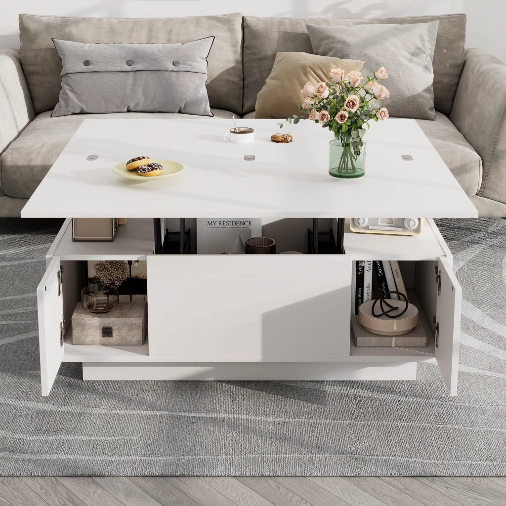 TAVOLINO DA CAFFÈ 100x50x43 cm Bianco in pannello di legno con doppio piano ribaltabile