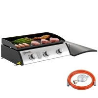 Piastra a Gas in Acciaio Smaltato con 3 Bruciatori Potenza 7.5kW, 3 Zone di Cottura e Coperchio, Nero