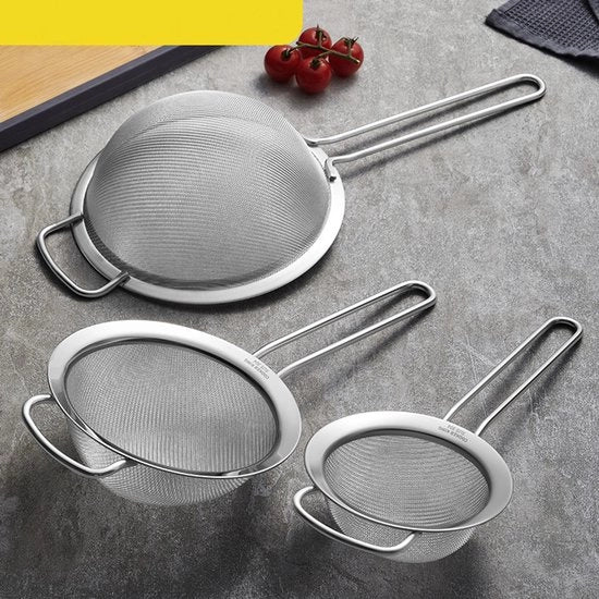Set di setacciatura a maglia fine in acciaio inossidabile premium, 3 pezzi con manico antiscivolo, setacci, setaccio piccolo, setaccio medio e grande, filtro e setaccio per la separazione e il filtraggio di pasta, tè, riso e verdure.