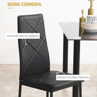 Set Tavolo da Pranzo con 4 Sedie, Piano in Vetro e Sedie Imbottite in Finta Pelle, Nero