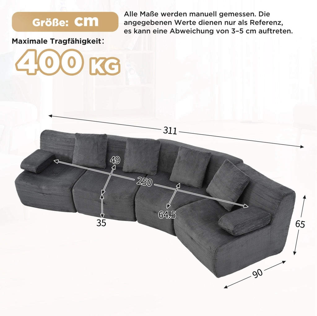Divano modulare 4 posti in tessuto corduroy grigio scuro; 311 x 90 x 65 cm