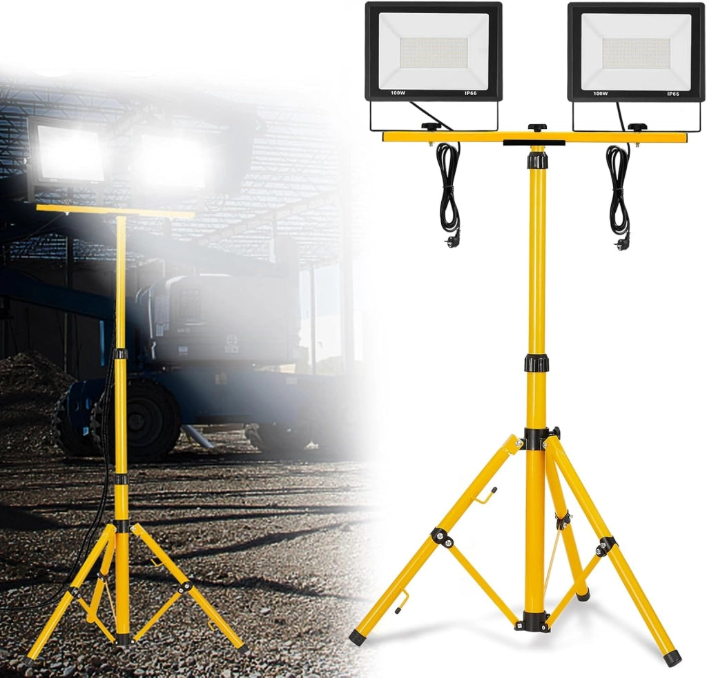 Faretto da costruzione, 2 x 100 W, 8500 lm, con treppiede e cavo da 3 m, luce bianca fredda, impermeabile, IP66, per garage, officina, cantiere