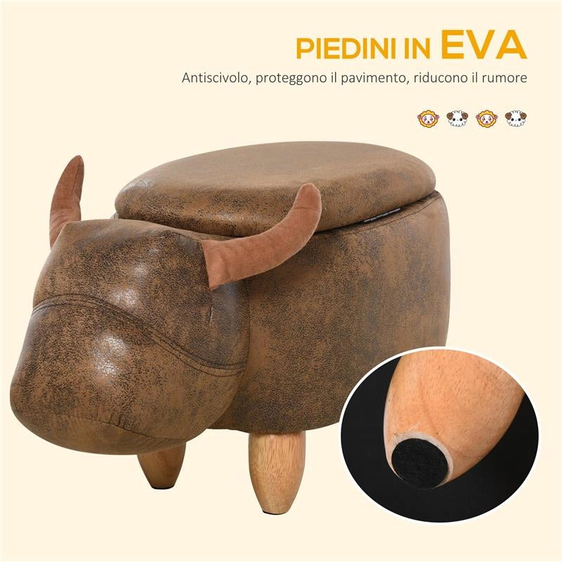 POUF CONTENITORE A FORMA DI BUFALO, SGABELLO POGGIAPIEDI CON STRUTTURA IN LEGNO E SEDUTA IMBOTTITA, 62X35X36CM, MARRONE