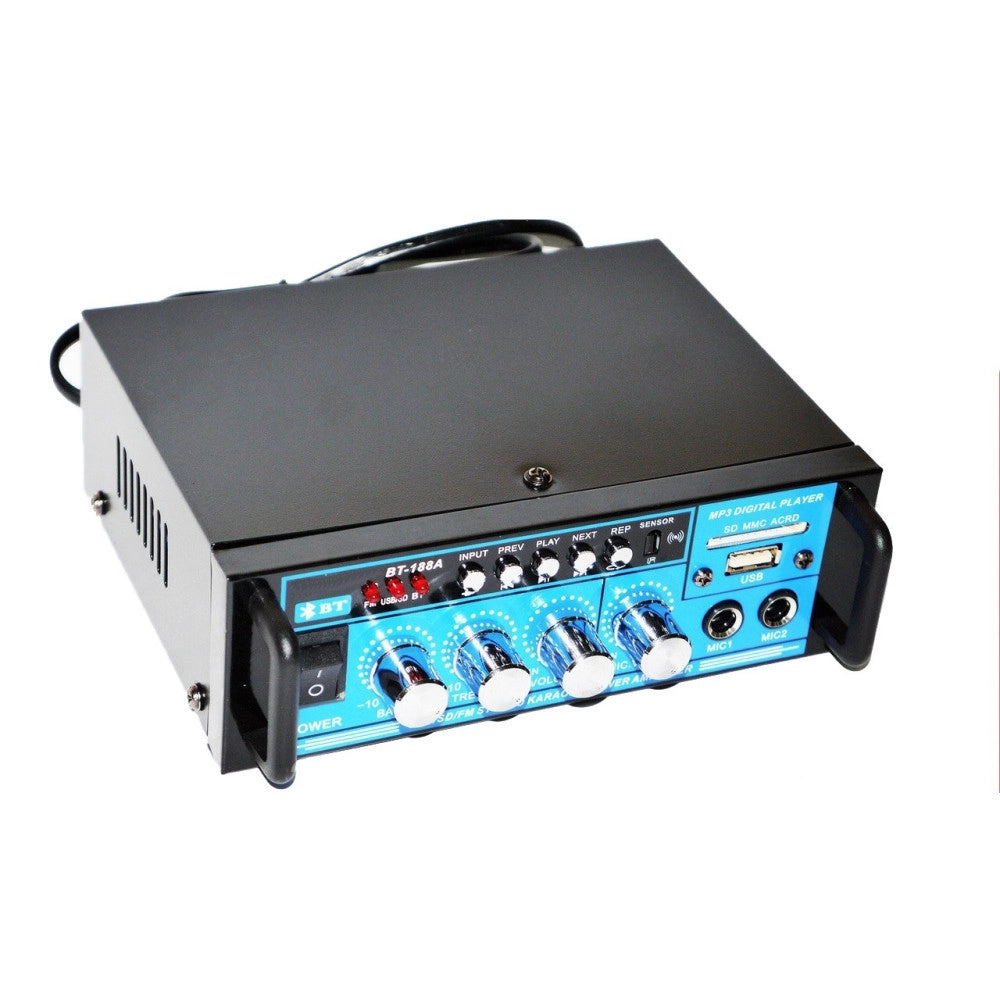 Trade Shop - Amplificatore Audio 12v 220v Usb Sd 2 Microfoni Mp3 Fm Casa Auto Karaoke Bt188a -