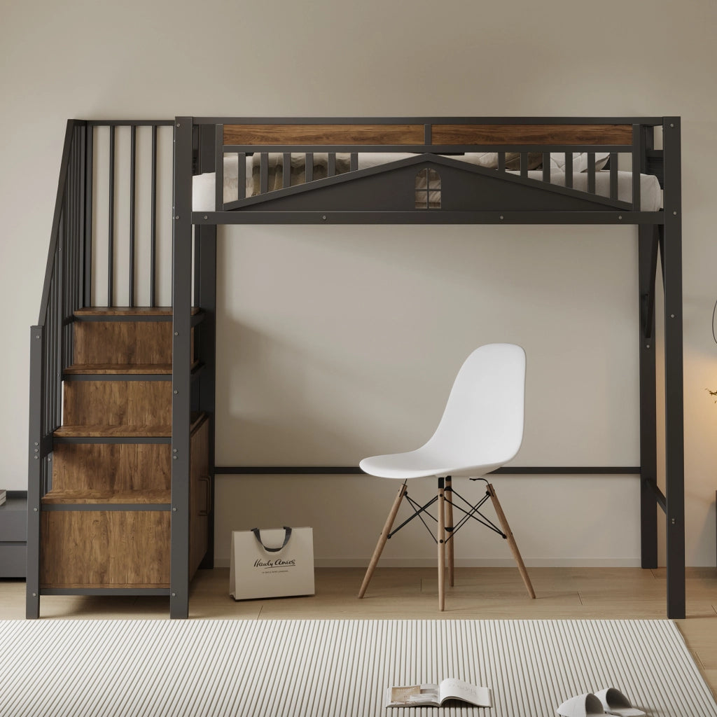 Letto a castello in metallo e legno nero 90x200 cm con recinzione di sicurezza e scala integrata