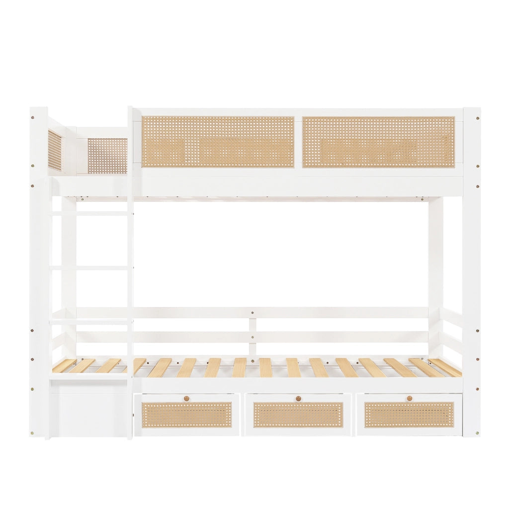 Letto a castello 90x200 cm con 3 cassetti e sponde di sicurezza; bianco e naturale