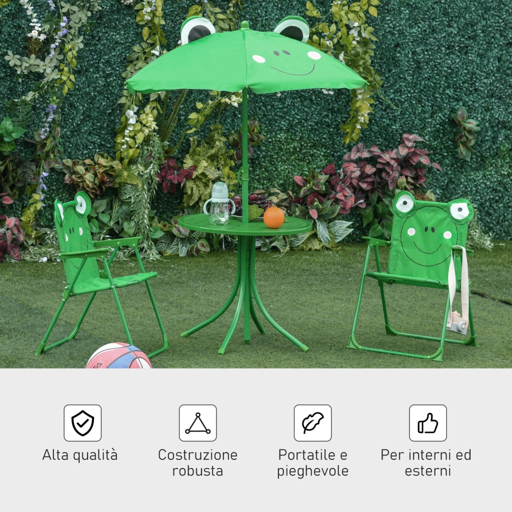 Set da Giardino 4 Pezzi per Bambini con Ombrellone ¨C zephmum ¨C Verde, Acciaio, Tessuto Oxford