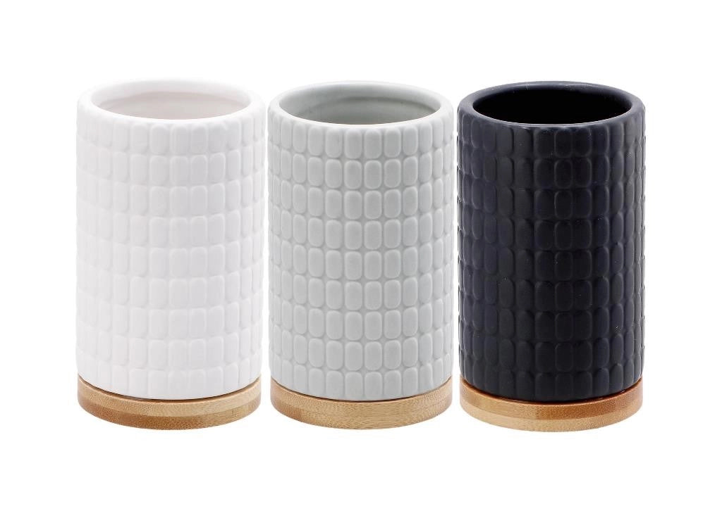 1 Pezzo Bicchiere Portaspazzolini in Ceramica Mosaico e Bamboo 3 Colori