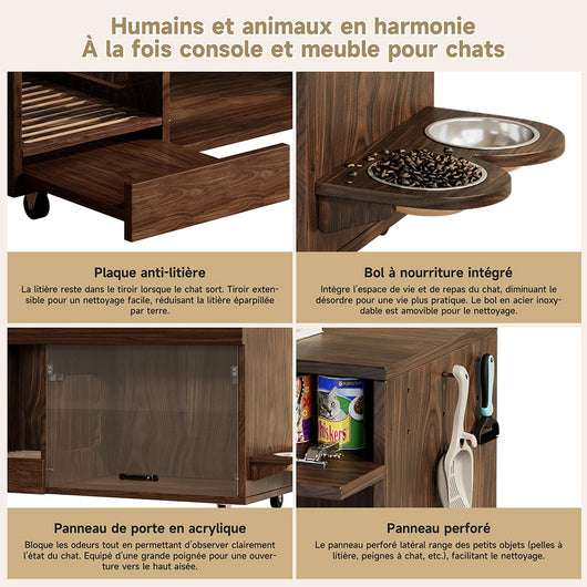 Armadio lettiera gatti - Xylo - 100x45x67cm noyer con ciotole