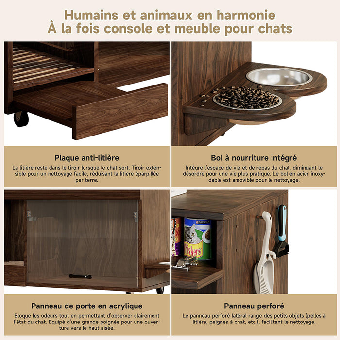 Armadio lettiera gatti - Xylo - 100x45x67cm noyer con ciotole