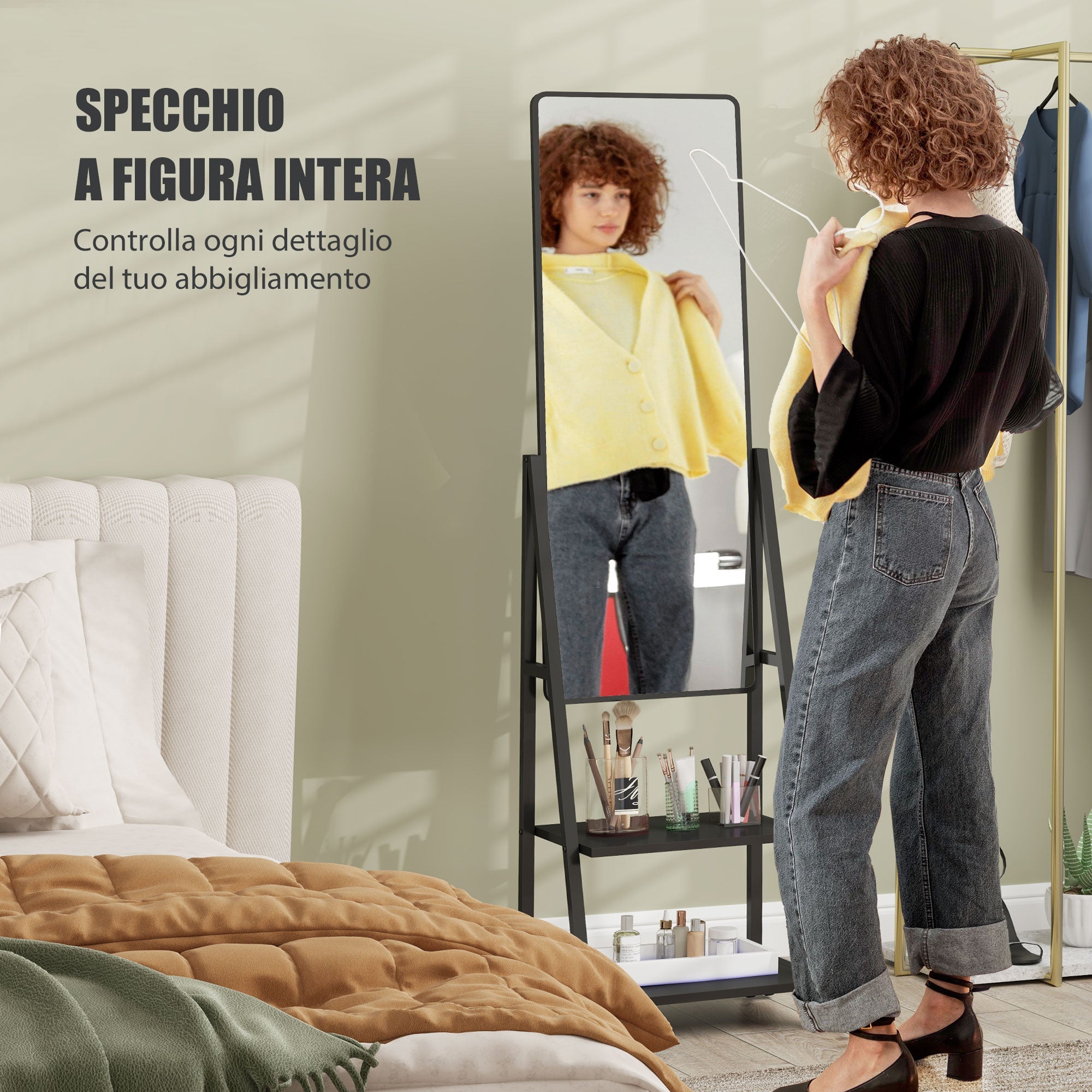 Specchio da Terra Autoportante con Ruote 42x37x155 cm in Acciaio e Legno Nero