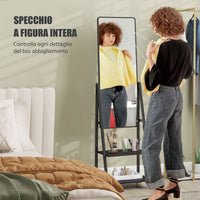Specchio da Terra Autoportante con Ruote 42x37x155 cm in Acciaio e Legno Nero