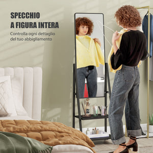 Specchio da Terra Autoportante con Ruote 42x37x155 cm in Acciaio e Legno Nero